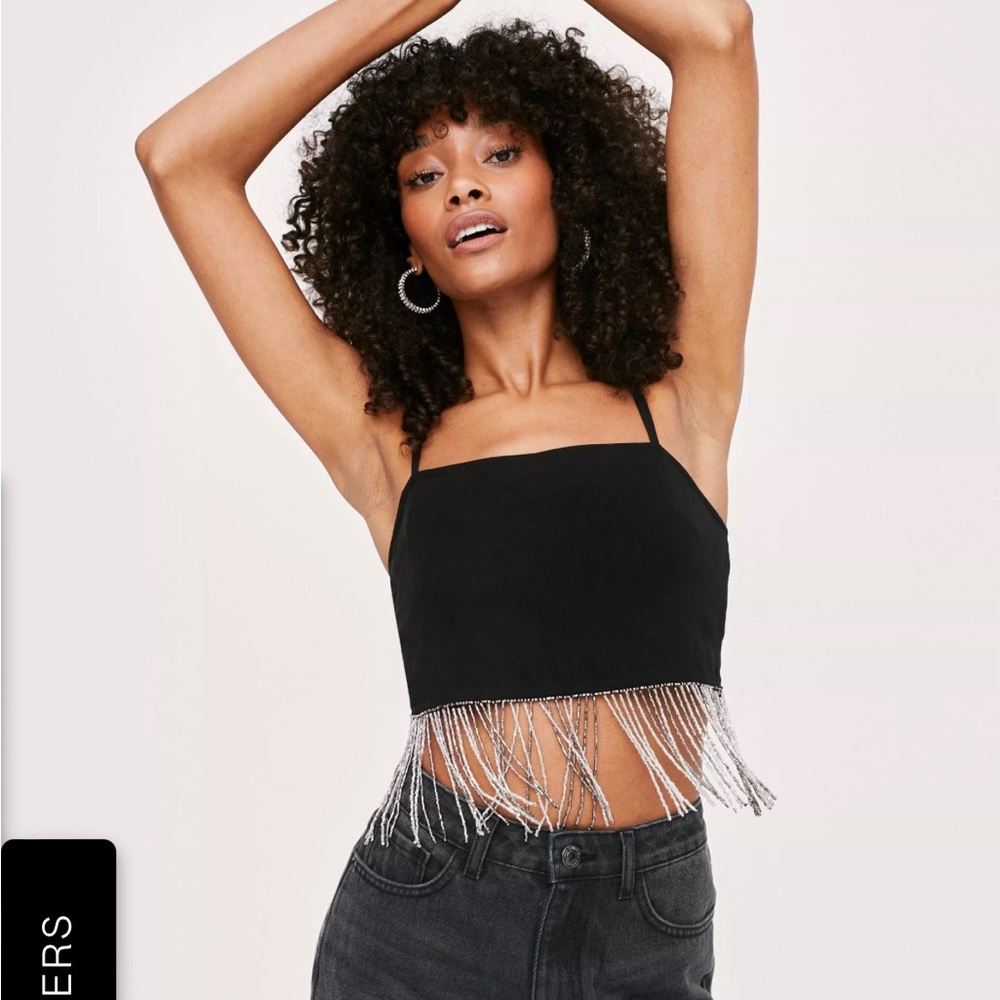 Nasty Gal Tassel Beaded Trim Cropped Cami Top, size 10